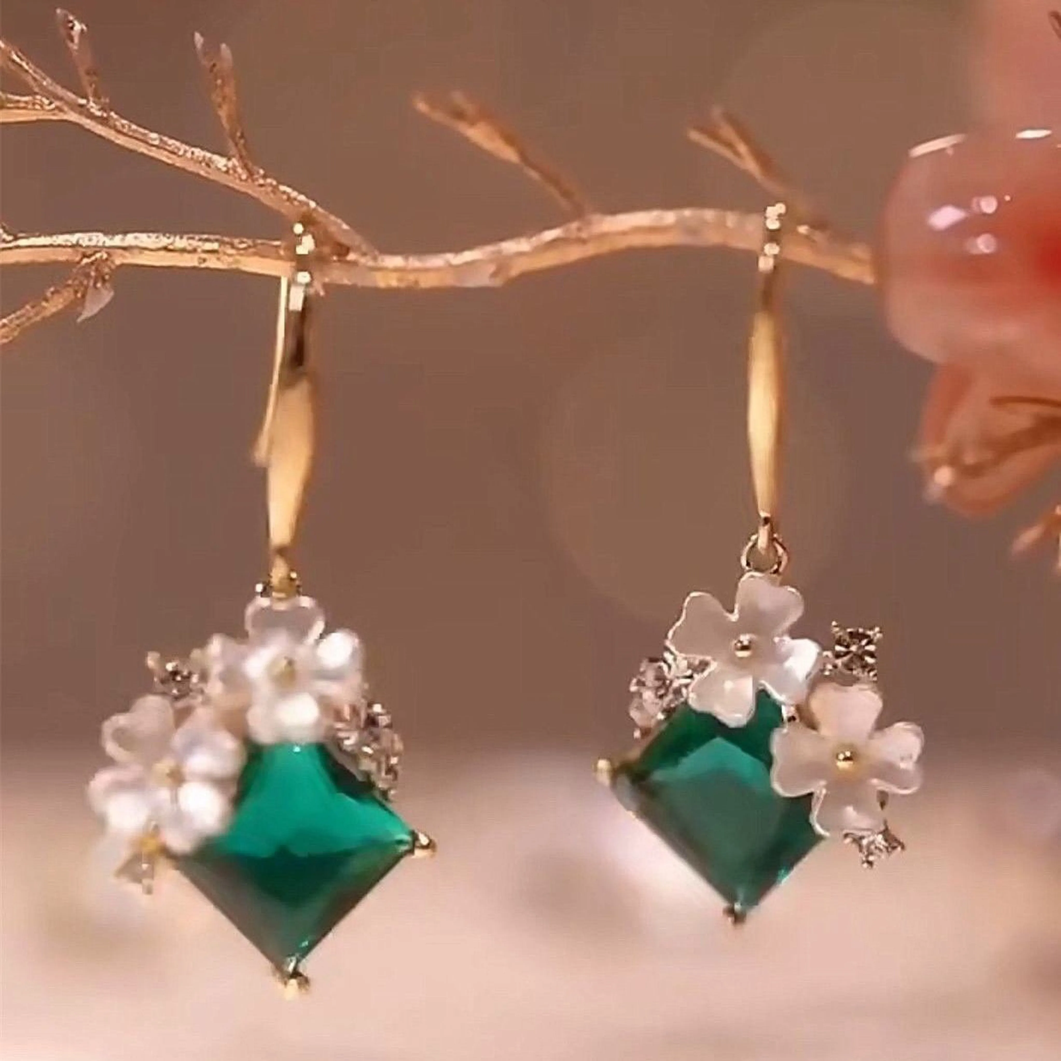 Floral Emerald Green Dangle Earrings
