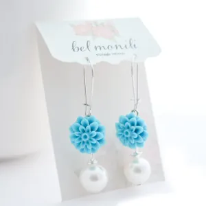 Flower Earrings, Teal and Pearl