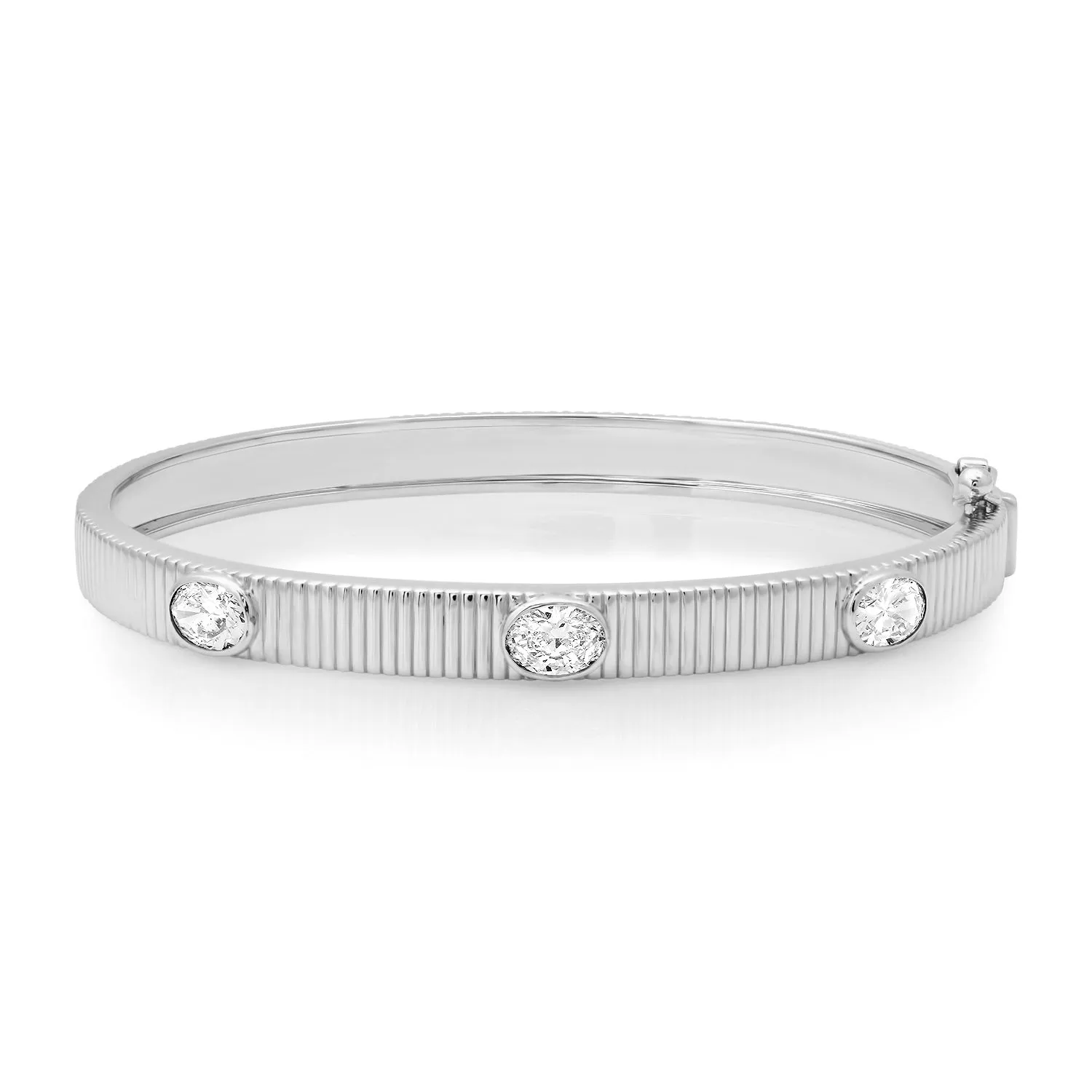 Fluted Gold Bangle Bracelet with Oval Diamond Bezels