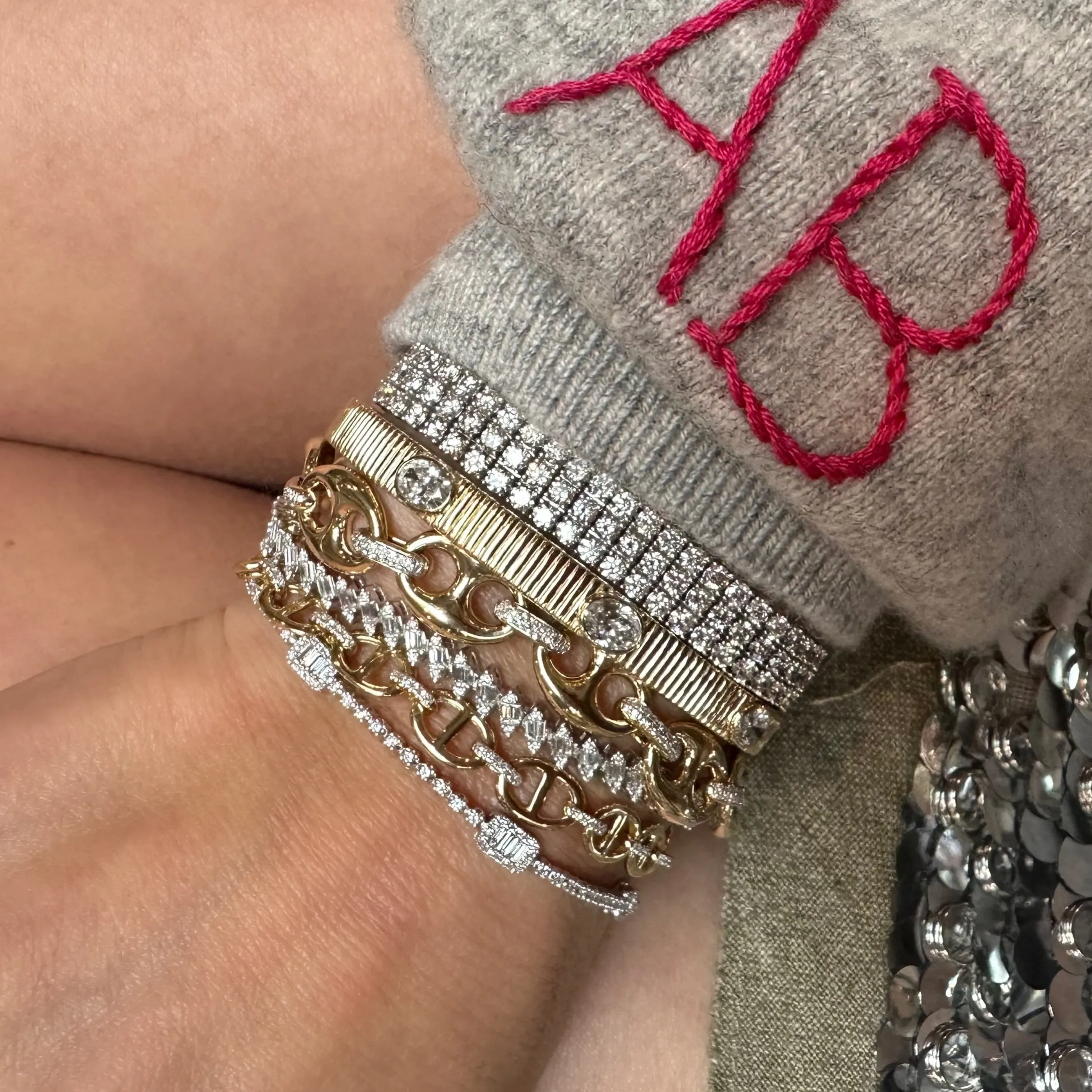 Fluted Gold Bangle Bracelet with Oval Diamond Bezels
