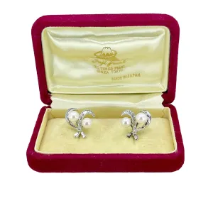 Fuji Pearl Leaf Designer Akoya Saltwater Cultured Pearl Screwback Vintage Earrings Original Box- Sterling Silver