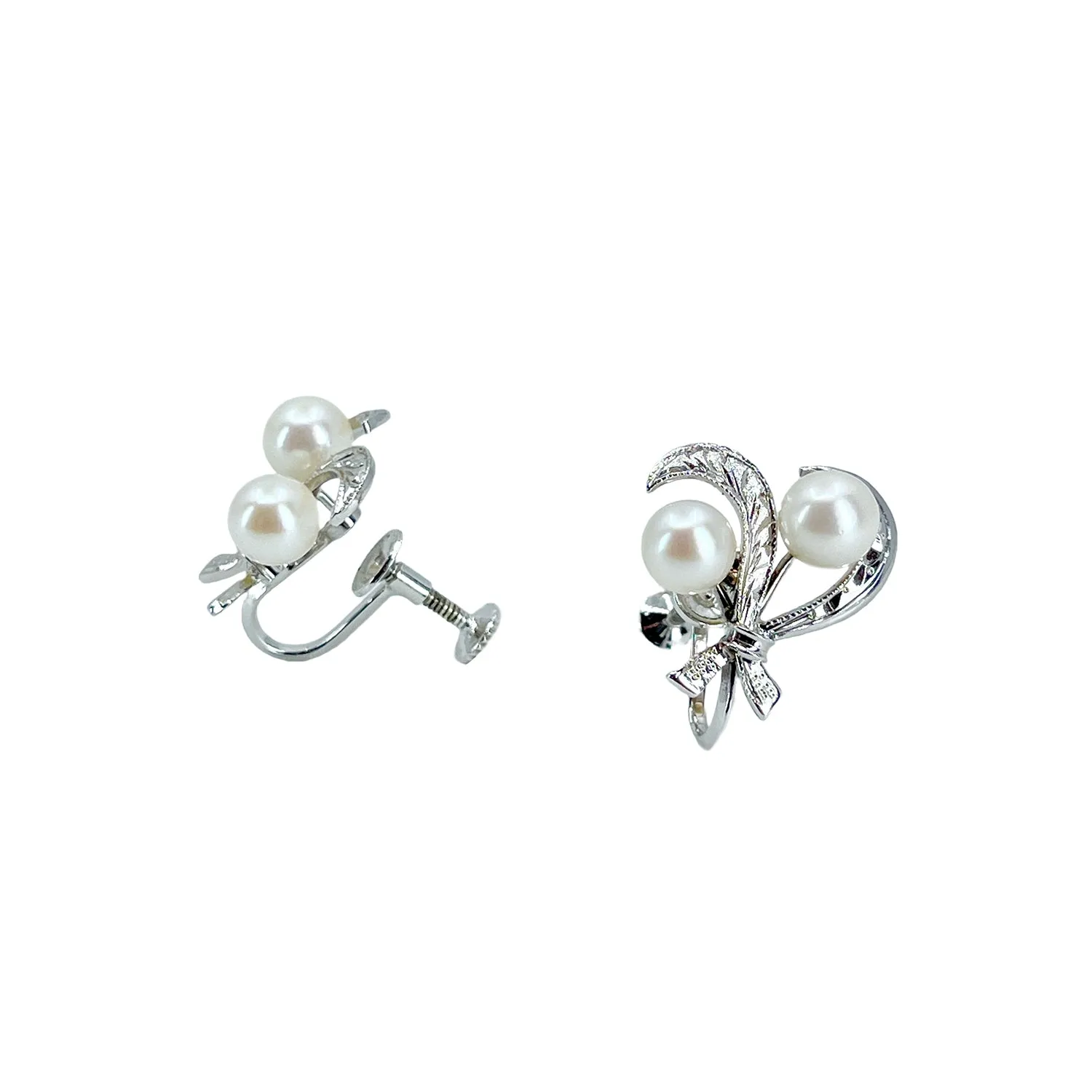 Fuji Pearl Leaf Designer Akoya Saltwater Cultured Pearl Screwback Vintage Earrings Original Box- Sterling Silver
