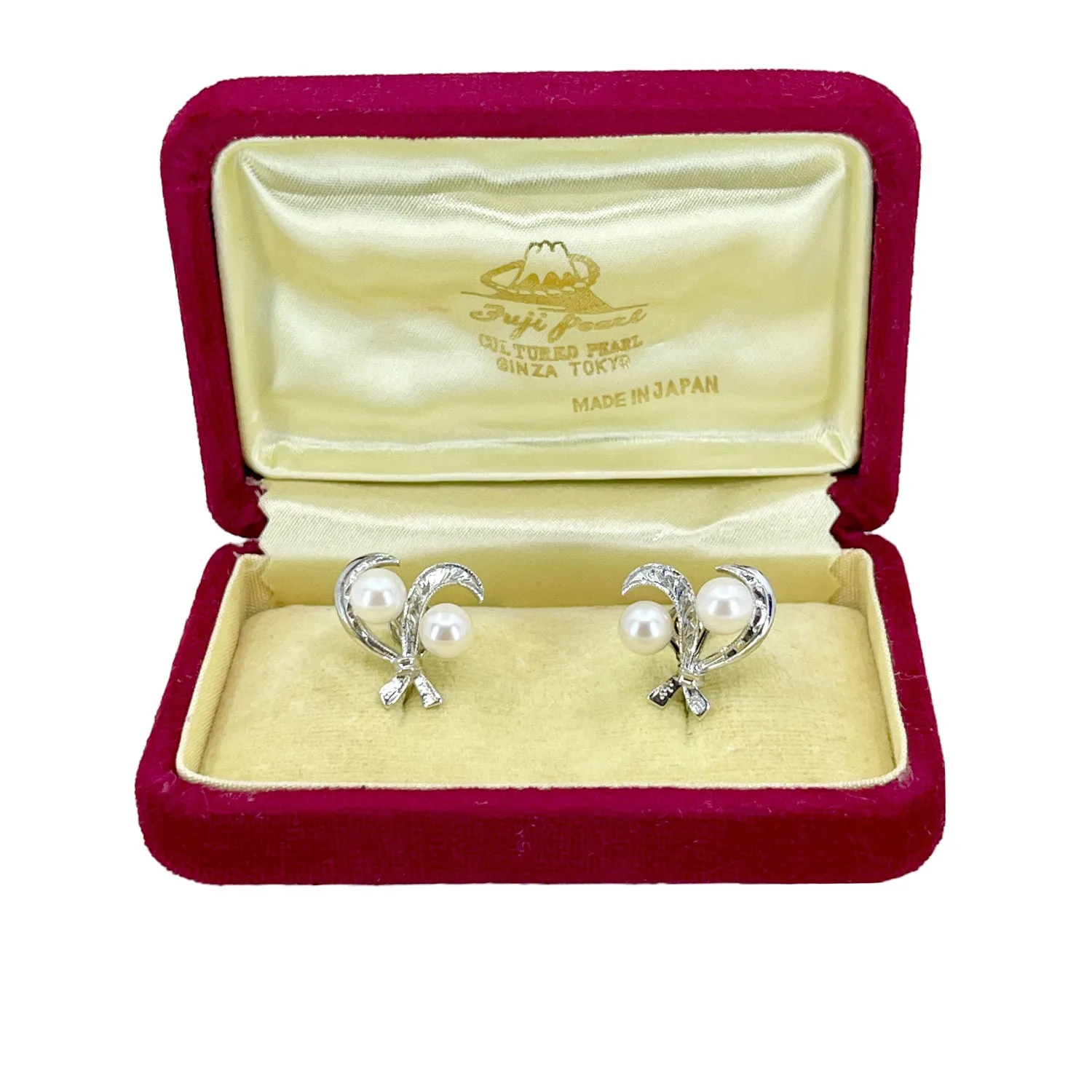 Fuji Pearl Leaf Designer Akoya Saltwater Cultured Pearl Screwback Vintage Earrings Original Box- Sterling Silver