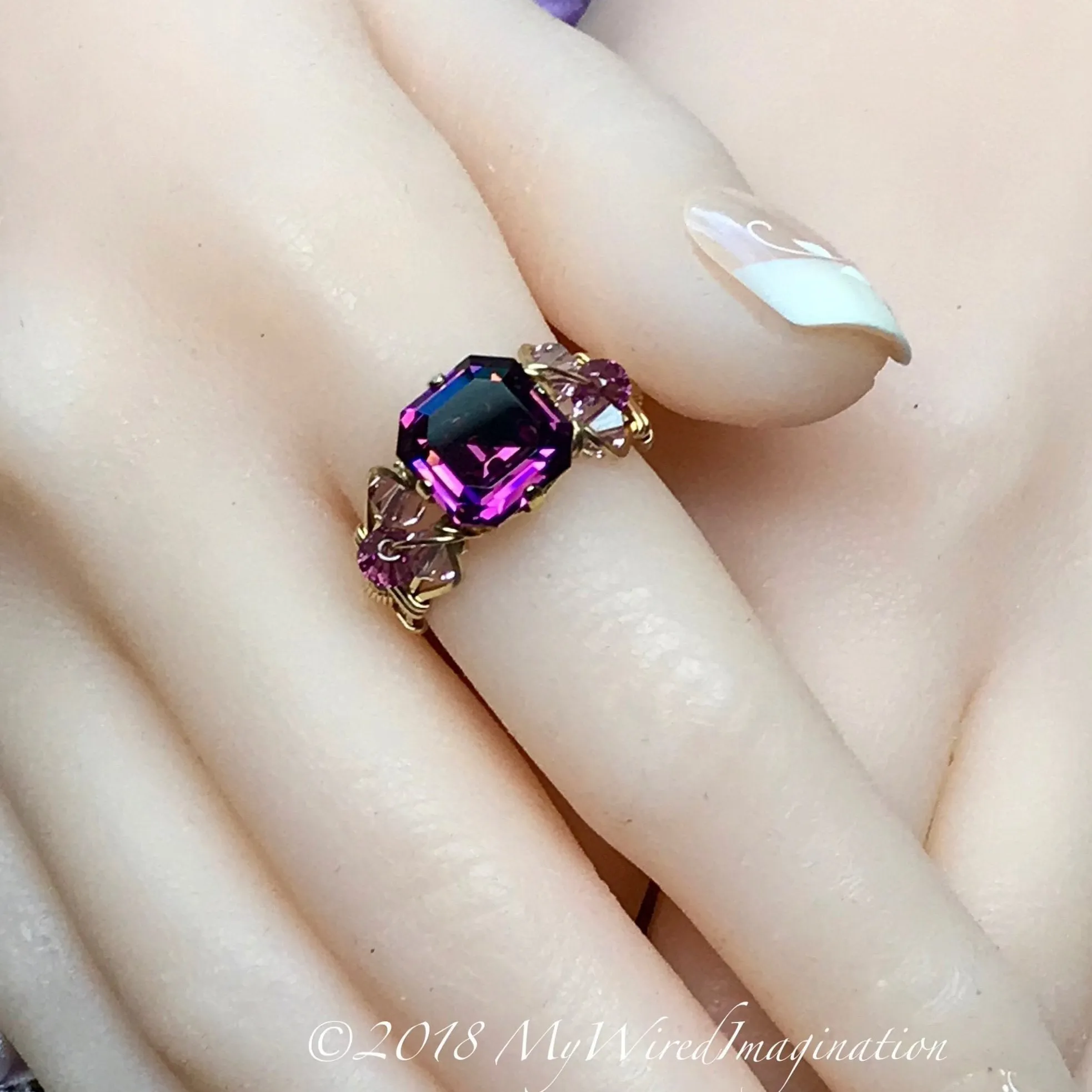Genuine Swarovski Crystal, Vintage Amethyst Handmade Ring, 14K GF US Size 6.5