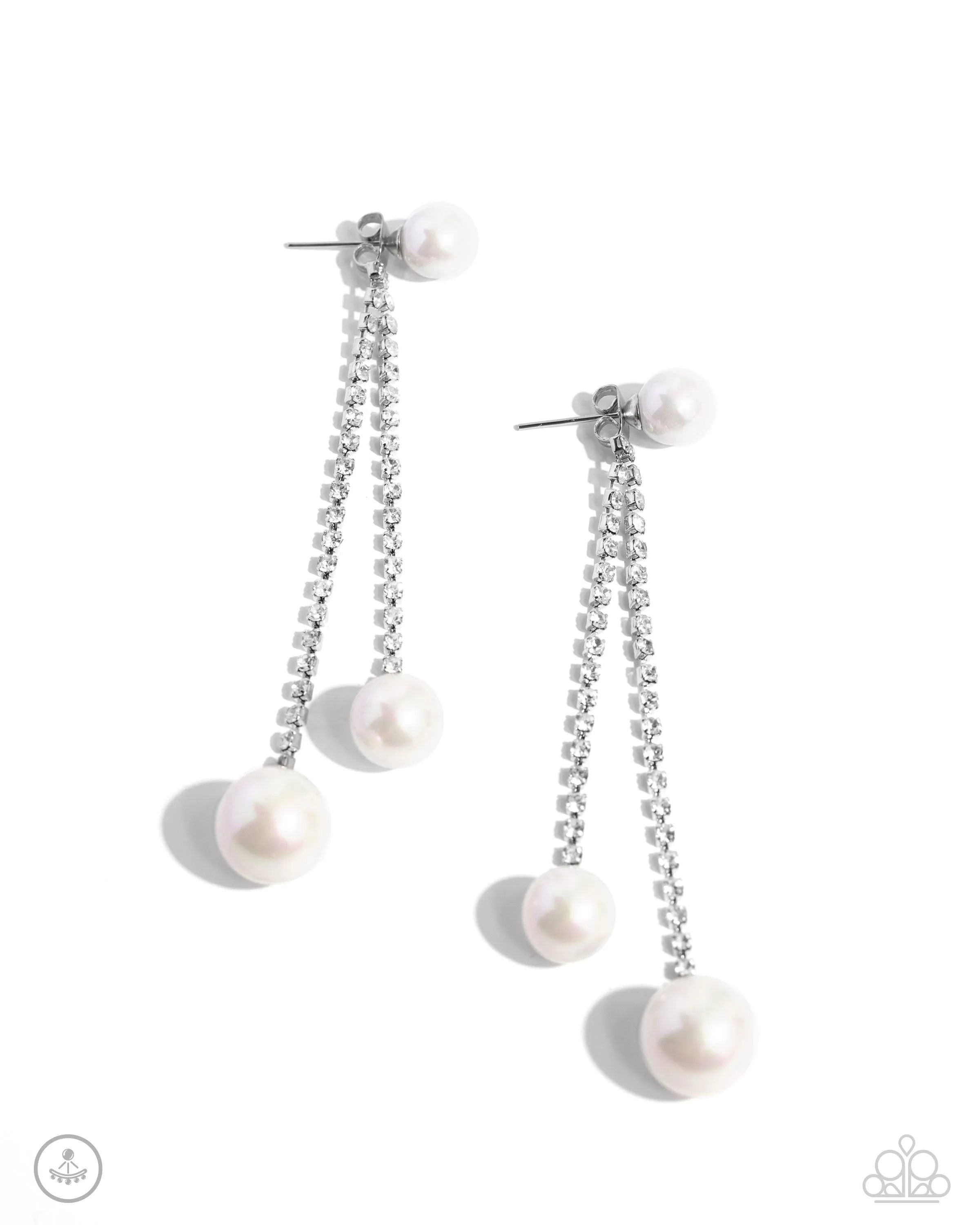 Give Us A PEARL! - White - Rhinestone and Suspended Iridescent Pearl Paparazzi Ear Jacket Earrings