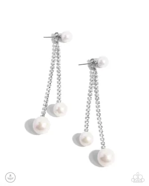 Give Us A PEARL! - White - Rhinestone and Suspended Iridescent Pearl Paparazzi Ear Jacket Earrings