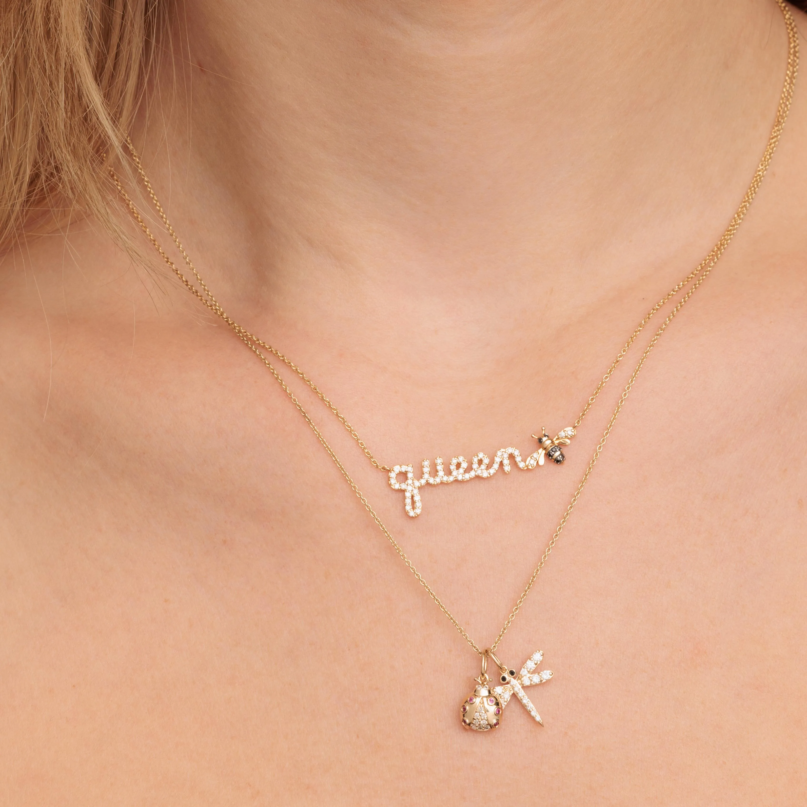 Gold & Diamond Queen Bee Script Necklace