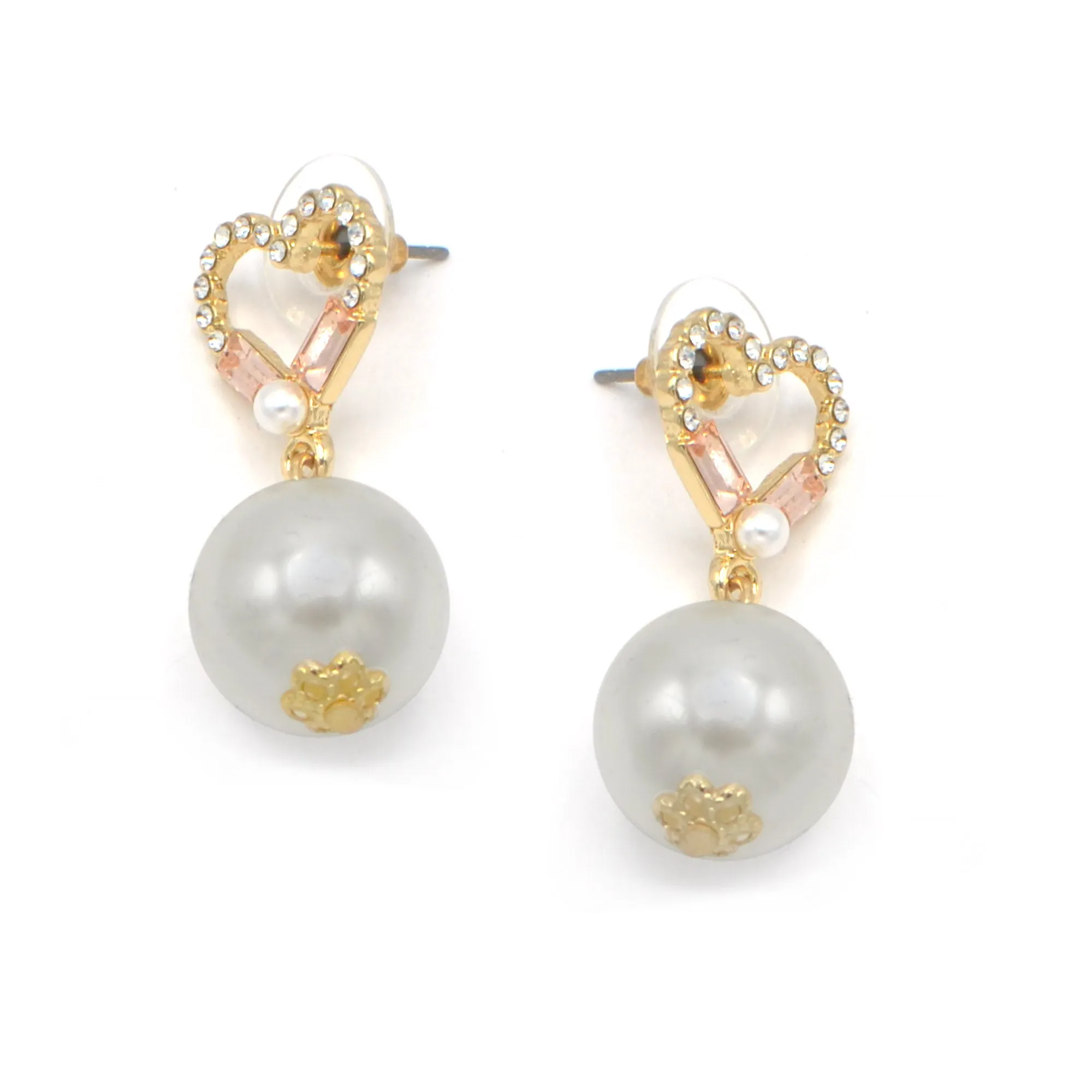 GOLD CRYSTAL HEART AND CREAM PEARL EARRINGS #SQMDD-3251 (OF21)