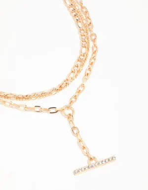 Gold Diamante T-Bar Layered Necklace