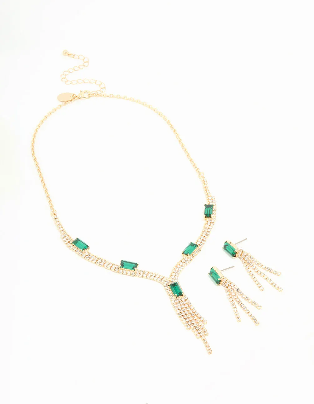 Gold Emerald Diamante Tassel Necklace & Earrings Set