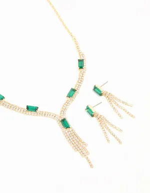 Gold Emerald Diamante Tassel Necklace & Earrings Set