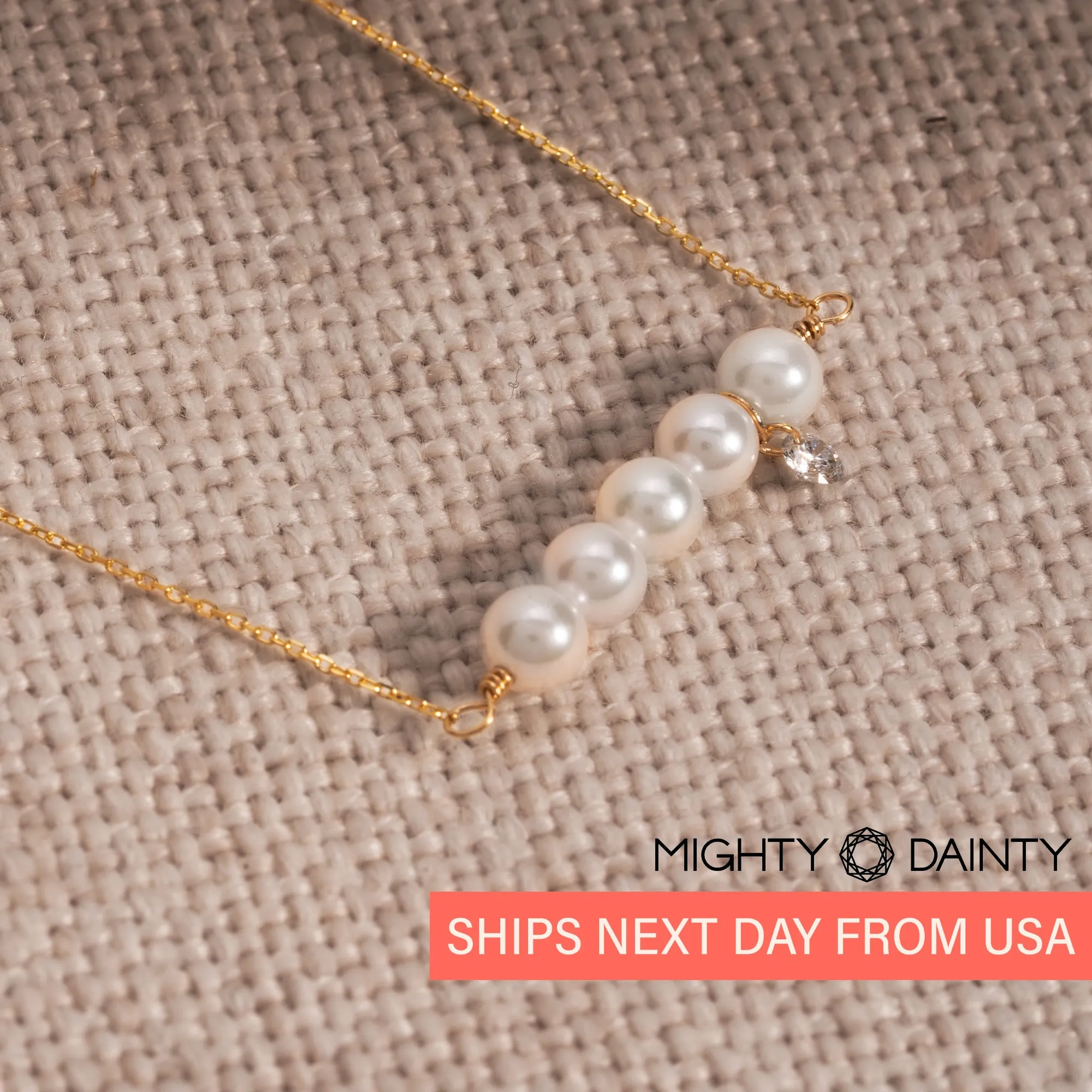 Gold Five Pearl and Diamond Necklace