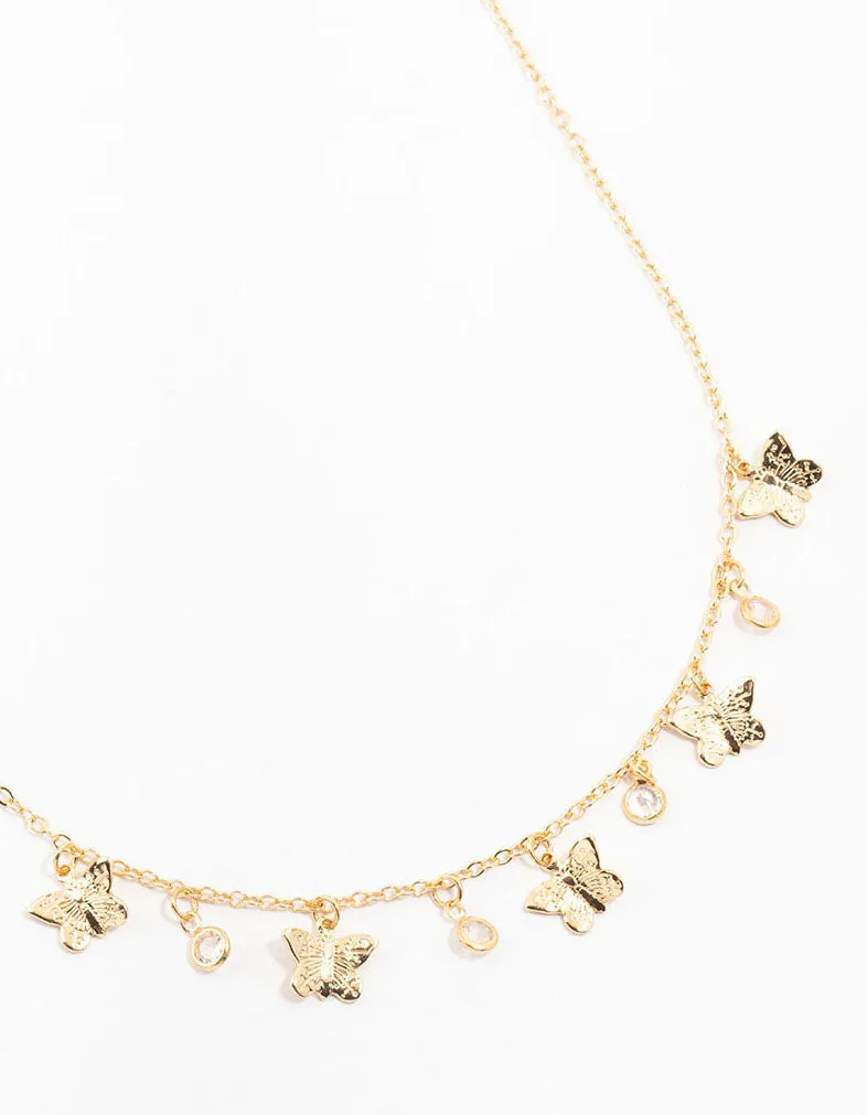 Gold Plated Diamante Butterfly Droplet Necklace