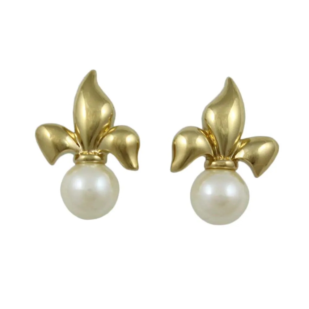Gold-plated Fleur de Lis with Cream Pearl Pierced Earring - DPE608