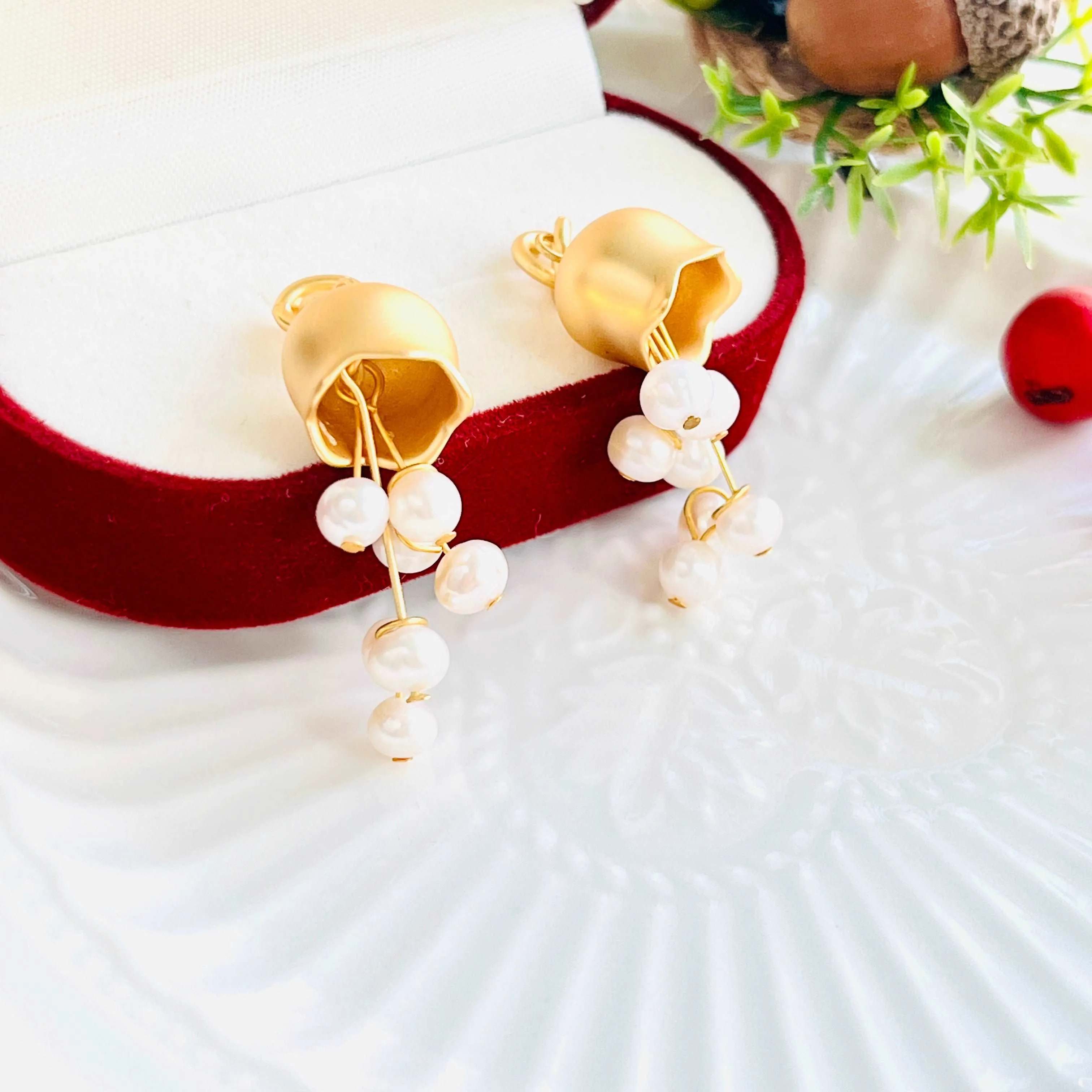 Golden Lily Of The Valley Pearl Tassel Earrings