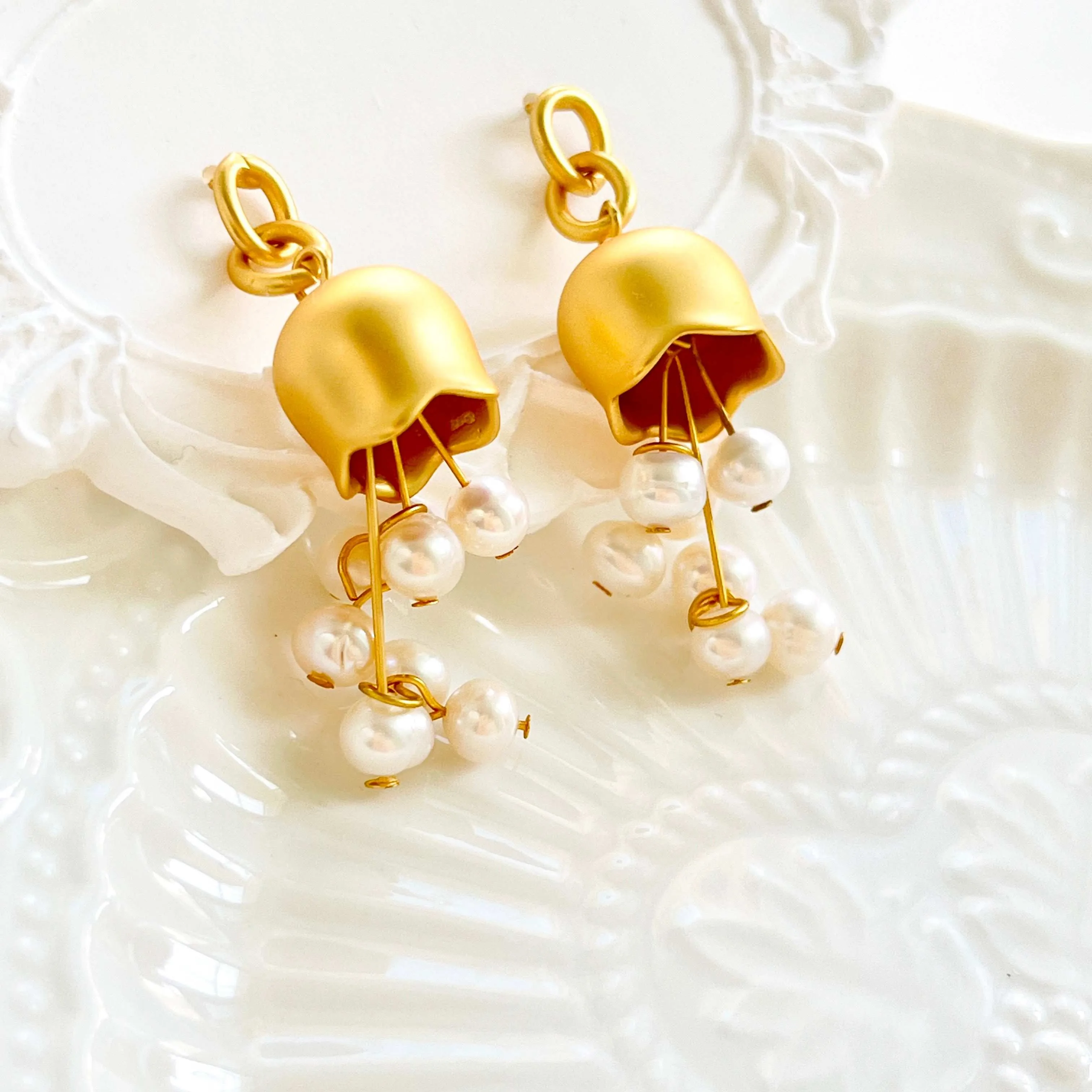 Golden Lily Of The Valley Pearl Tassel Earrings