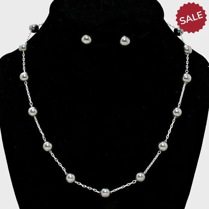 Gray Faux Pearl & Silver Station Necklace & Earring Set 17"