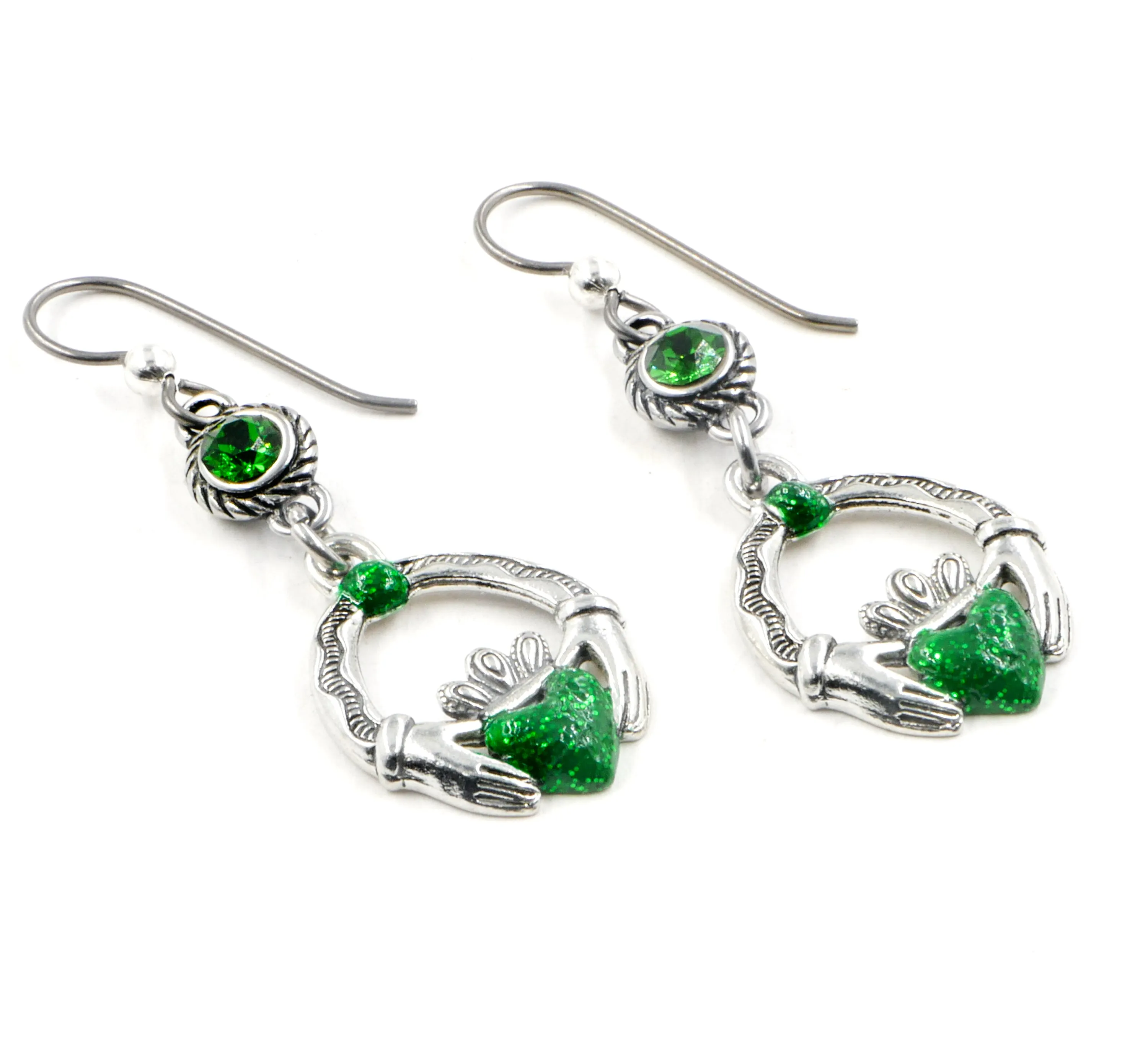 Green Crystal Claddagh Earrings