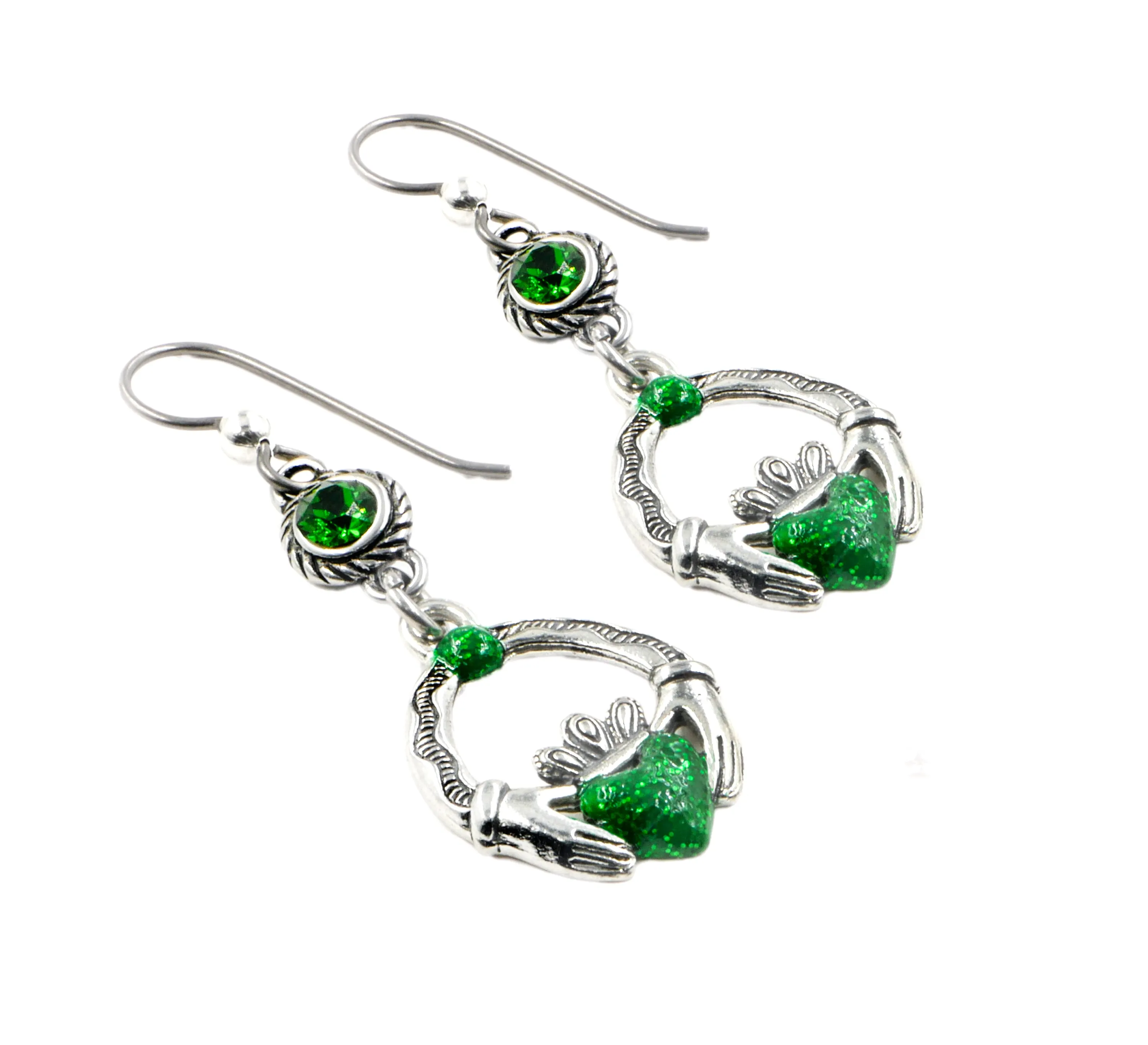 Green Crystal Claddagh Earrings