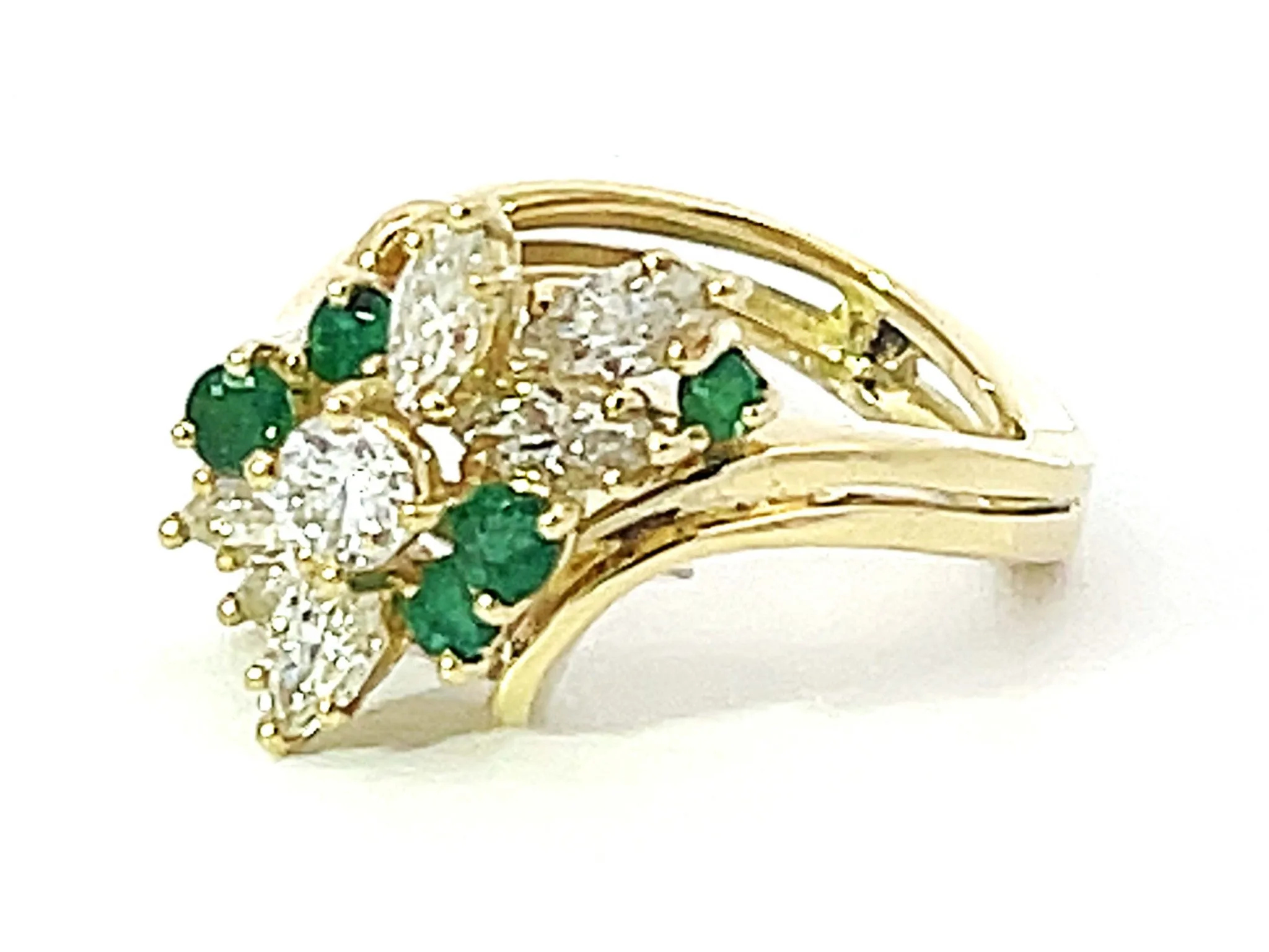 Green Emerald and Diamond Waterfall Ring in 18k Yellow Gold