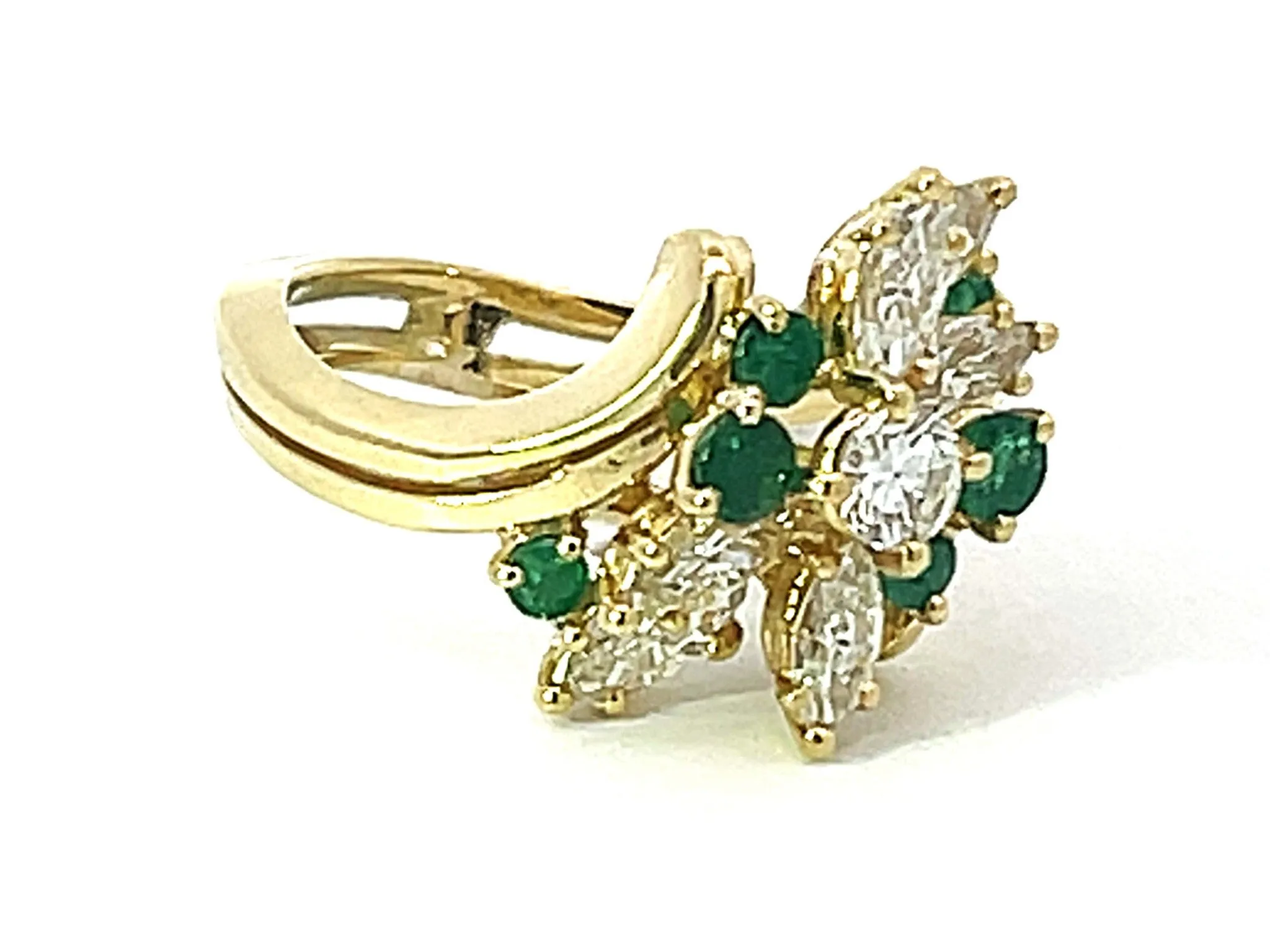 Green Emerald and Diamond Waterfall Ring in 18k Yellow Gold