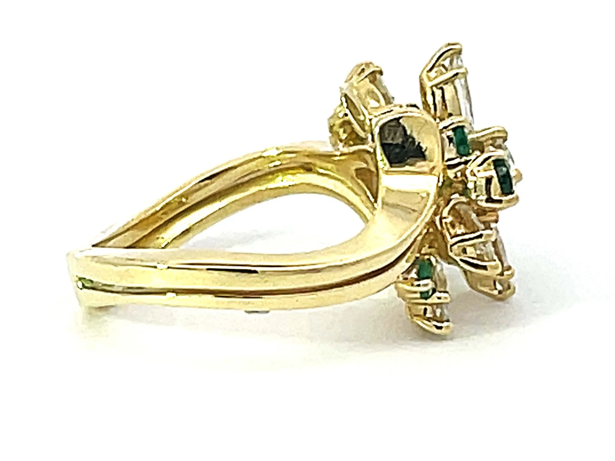 Green Emerald and Diamond Waterfall Ring in 18k Yellow Gold