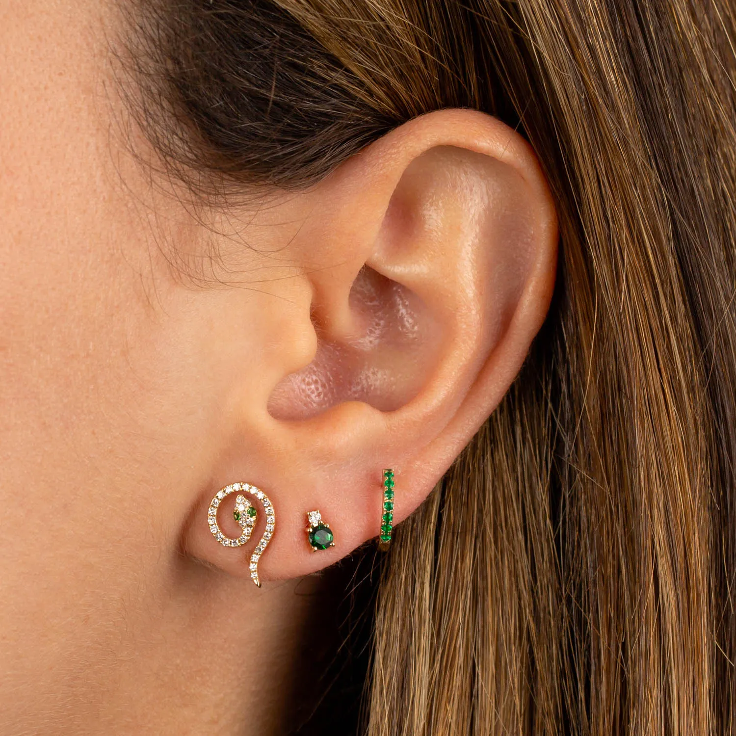Green Eyed Diamond Serpent Stud Earring 14K