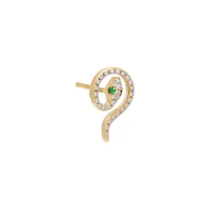 Green Eyed Diamond Serpent Stud Earring 14K