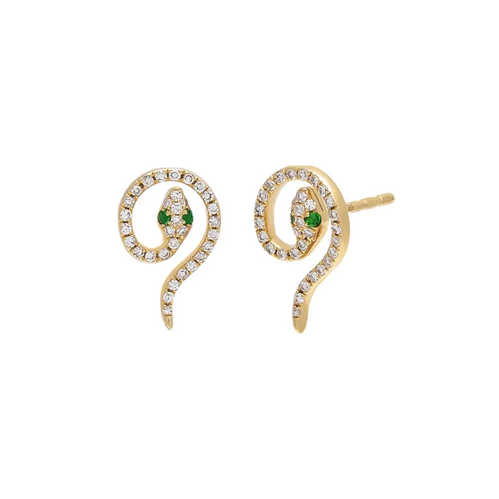 Green Eyed Diamond Serpent Stud Earring 14K