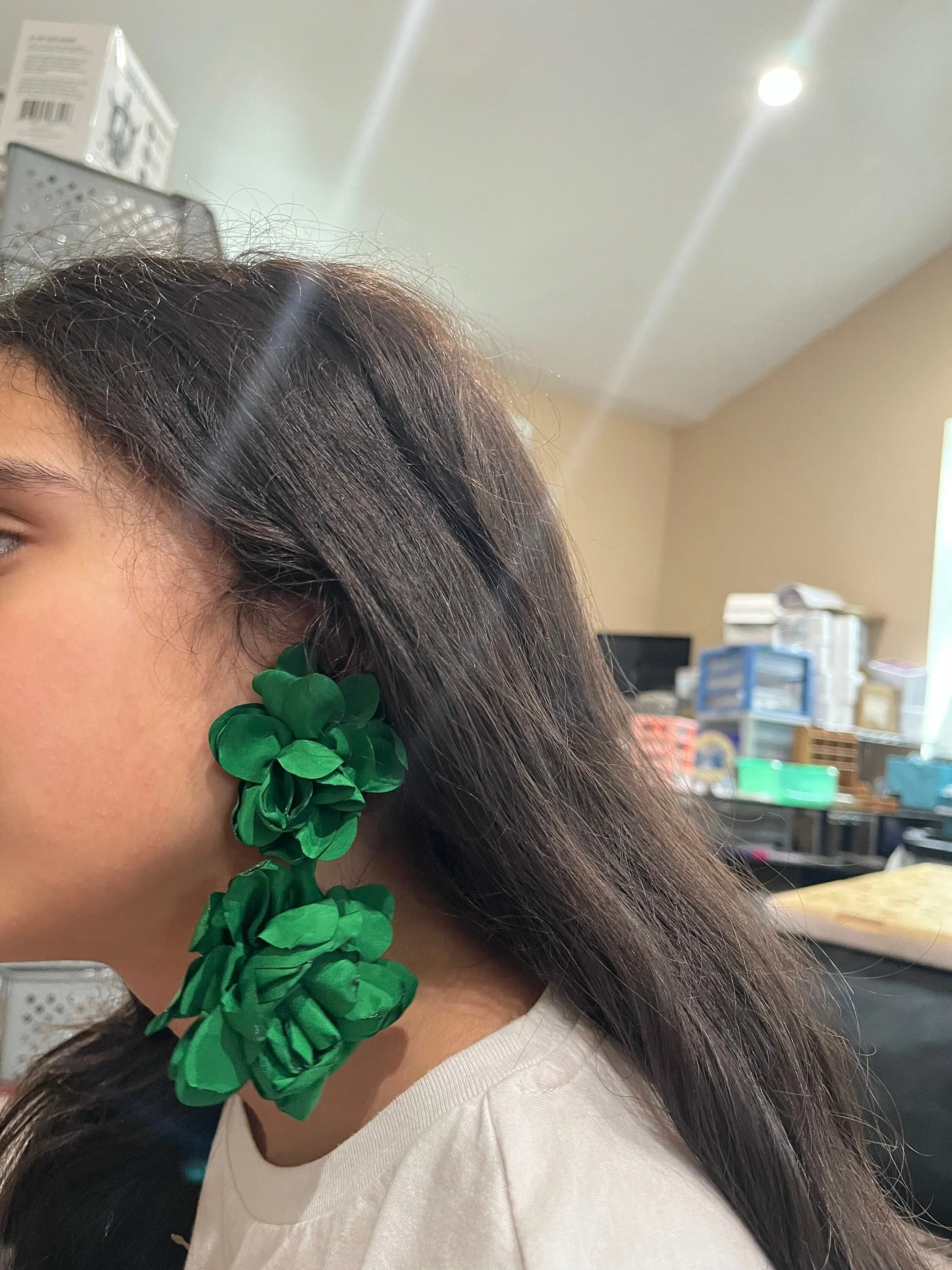 Green flower earrings , big  green petal earrings ,large  green fabric earrings , long rose petal earrings big