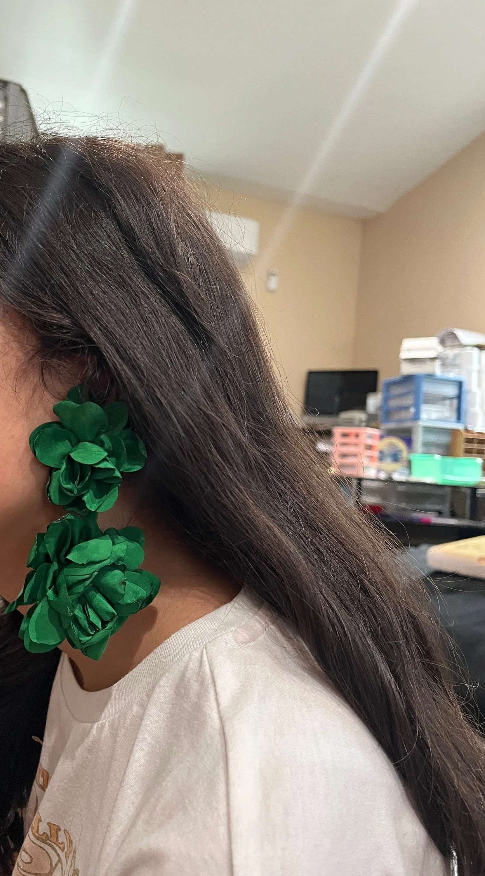 Green flower earrings , big  green petal earrings ,large  green fabric earrings , long rose petal earrings big
