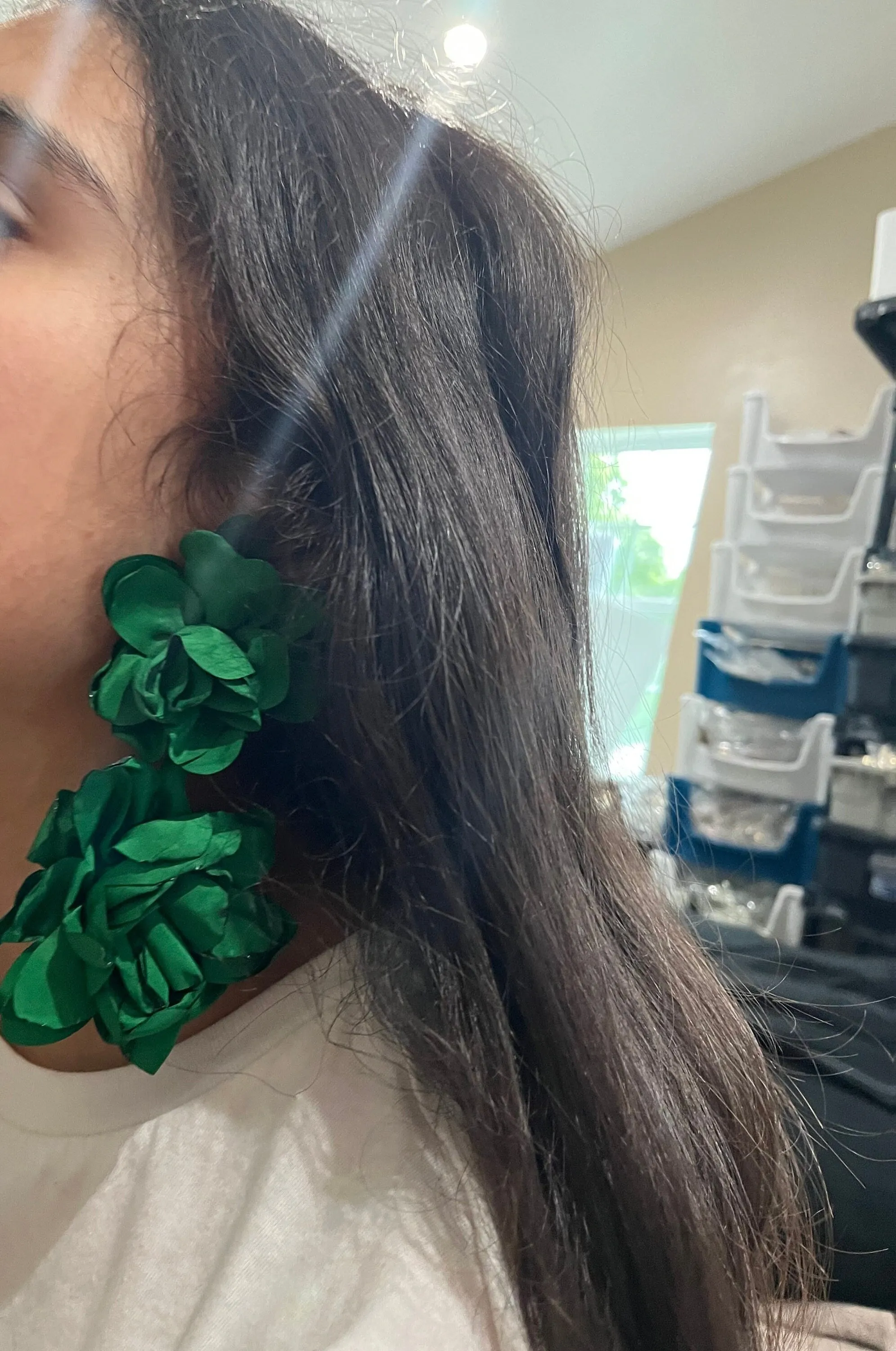 Green flower earrings , big  green petal earrings ,large  green fabric earrings , long rose petal earrings big