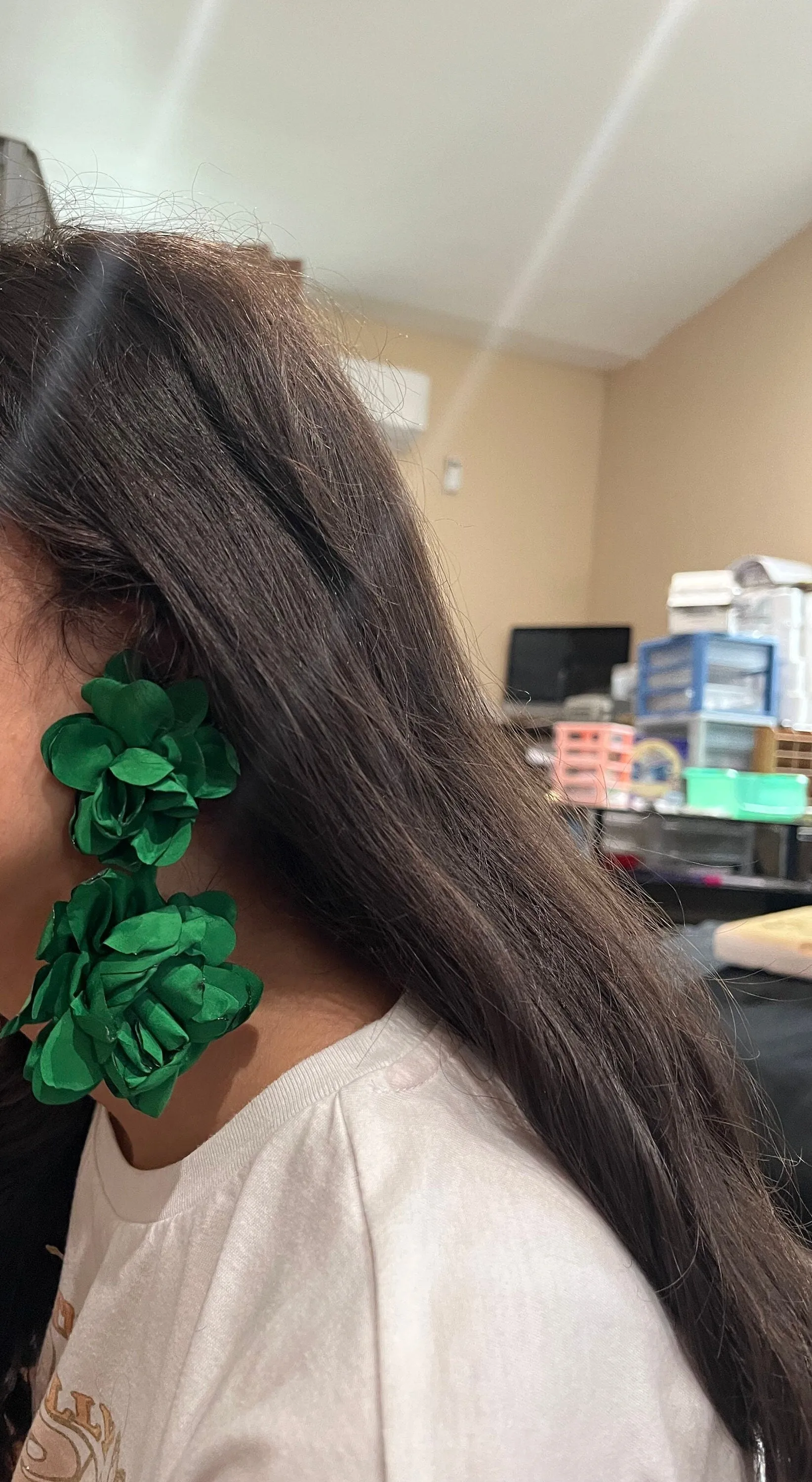 Green flower earrings , big  green petal earrings ,large  green fabric earrings , long rose petal earrings big