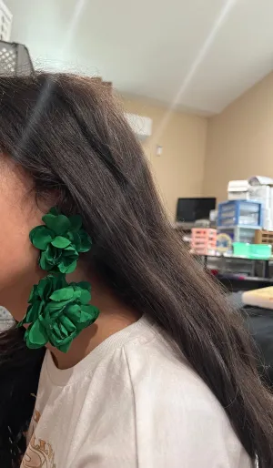 Green flower earrings , big  green petal earrings ,large  green fabric earrings , long rose petal earrings big