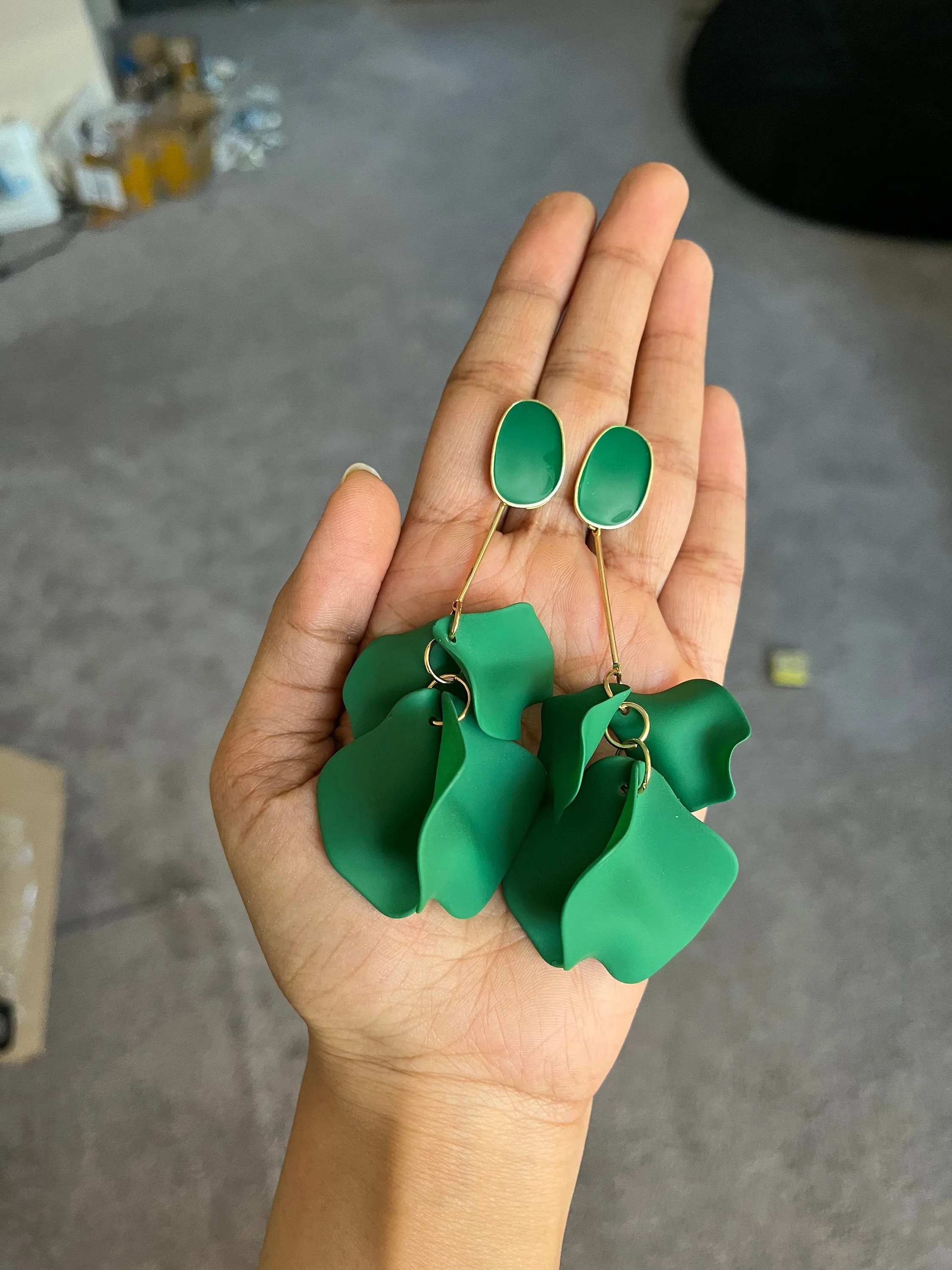 Green flower earrings , green petal earrings , green acrylic earrings , long rose petal earrings big