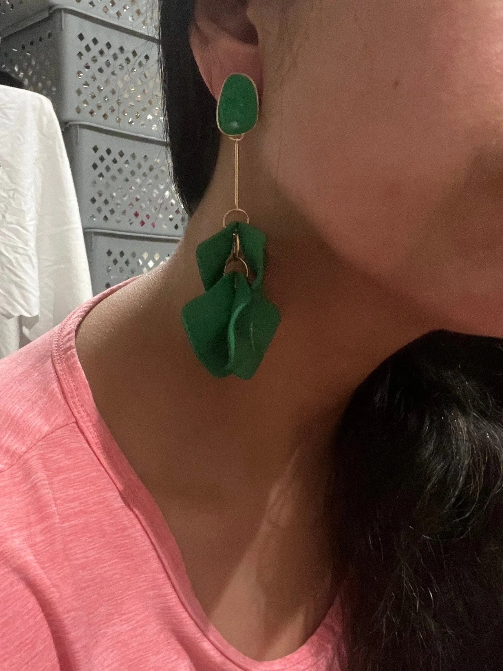 Green flower earrings , green petal earrings , green acrylic earrings , long rose petal earrings big