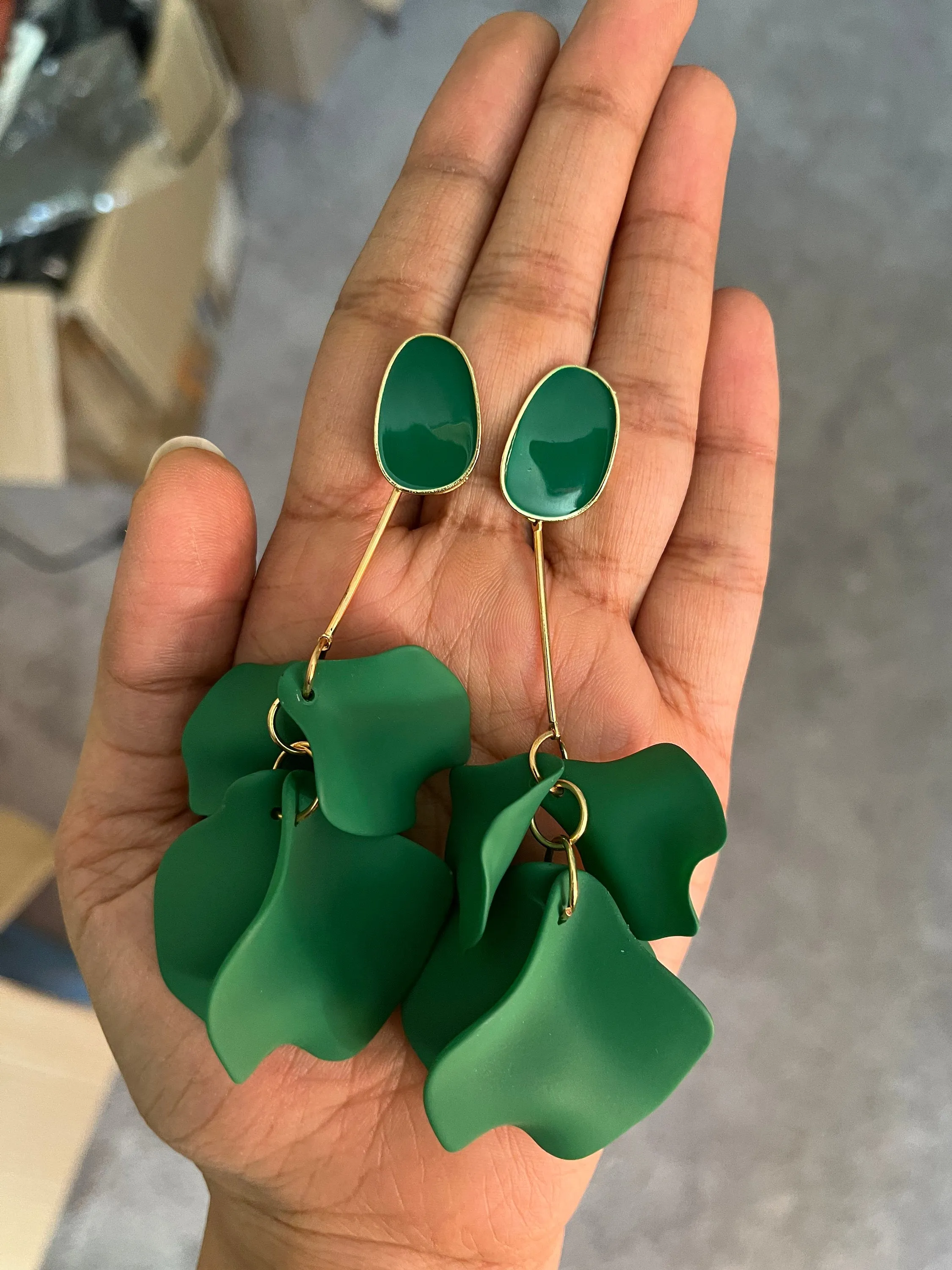 Green flower earrings , green petal earrings , green acrylic earrings , long rose petal earrings big