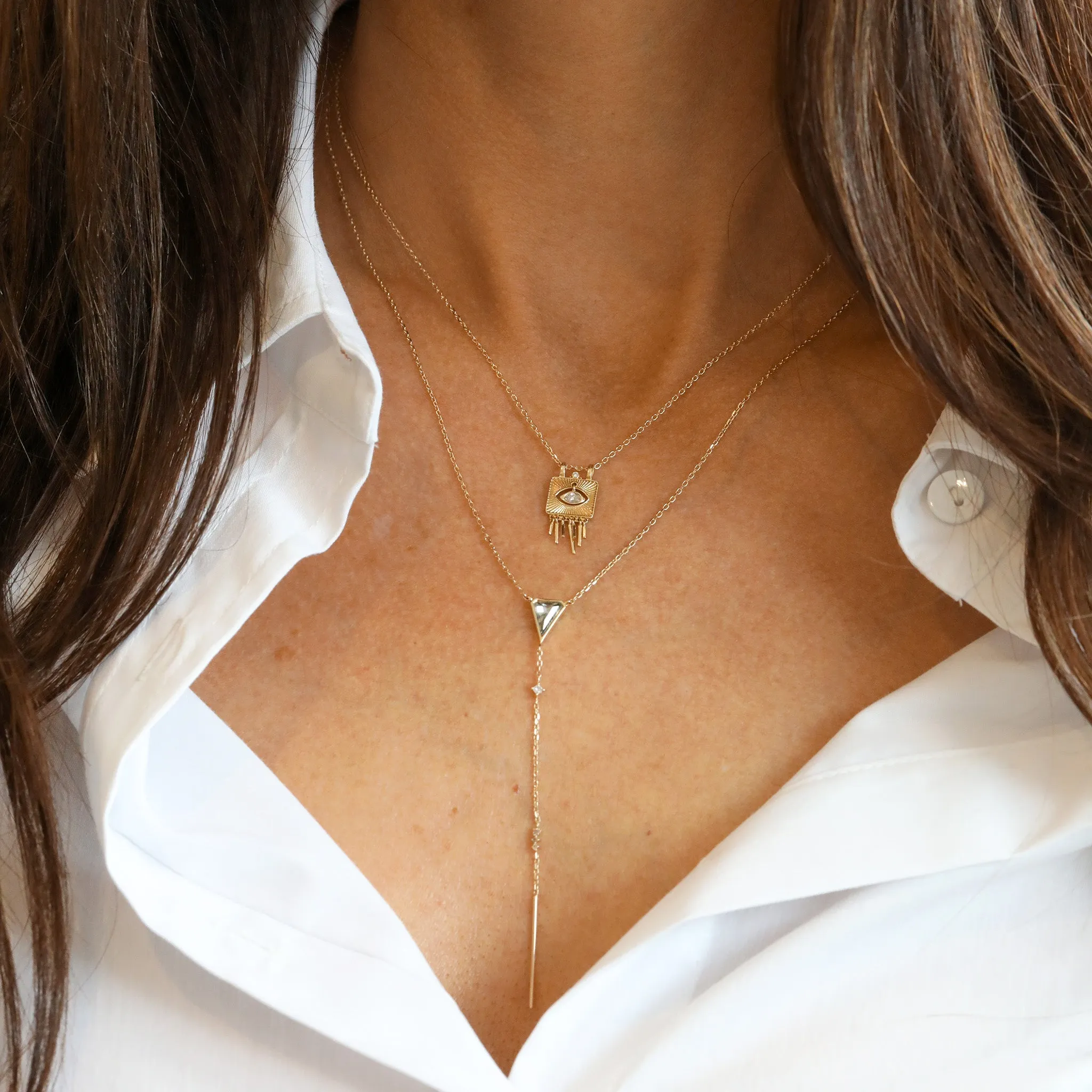 Grey Diamond Triangle Lariat Bar Necklace with Diamond Details