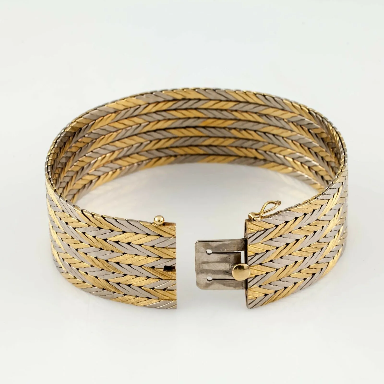 Gubelin Estate 18k Two-Tone Gold Chevron Pattern Bracelet w/ Hidden Clasp