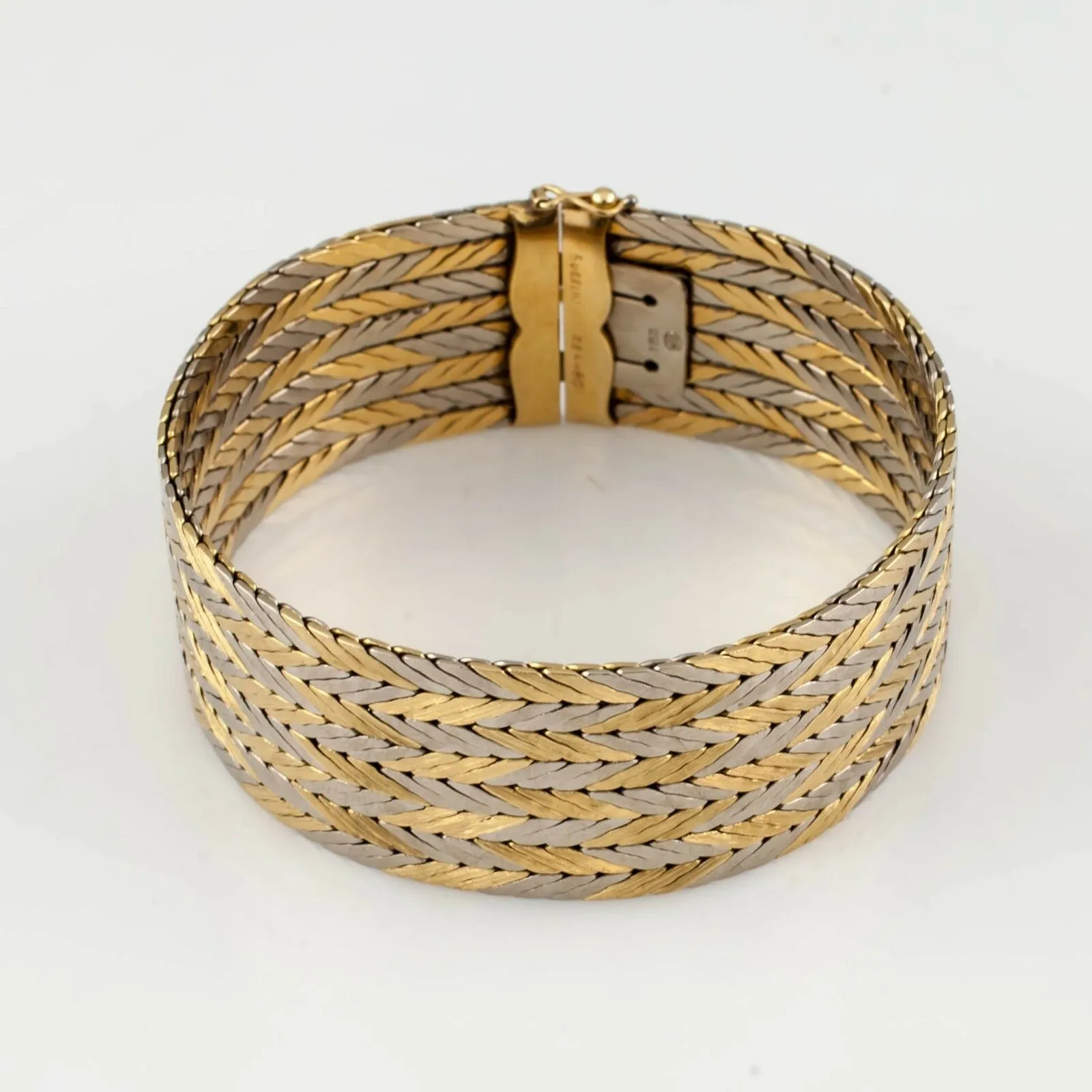 Gubelin Estate 18k Two-Tone Gold Chevron Pattern Bracelet w/ Hidden Clasp
