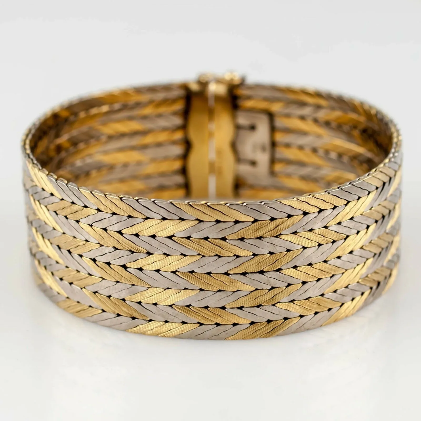Gubelin Estate 18k Two-Tone Gold Chevron Pattern Bracelet w/ Hidden Clasp