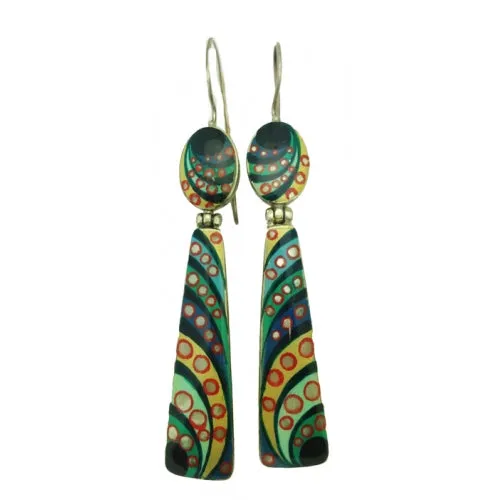 Hand Painted Mother of Pearl Long Multiple Color Silver Earrings