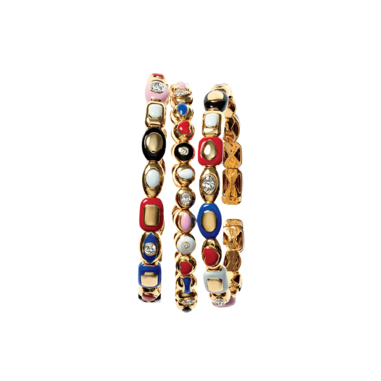 Harlequin 18K Yellow Gold Three Yellow Diamond Station & Mixed Color Ceramic Bangle Bracelet