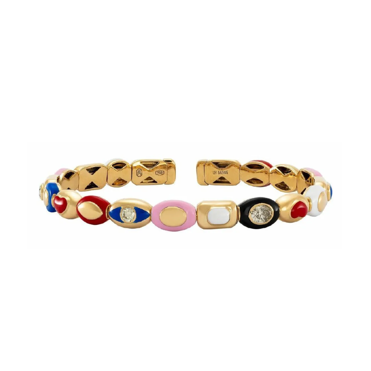 Harlequin 18K Yellow Gold Three Yellow Diamond Station & Mixed Color Ceramic Bangle Bracelet