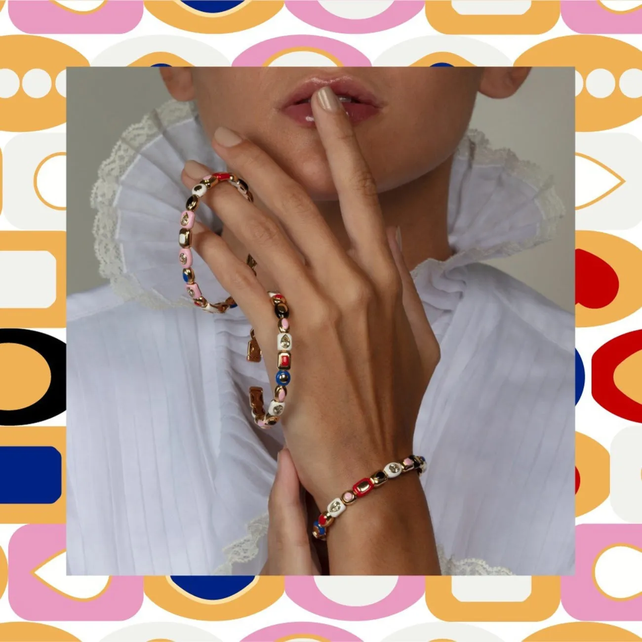 Harlequin 18K Yellow Gold Three Yellow Diamond Station & Mixed Color Ceramic Bangle Bracelet
