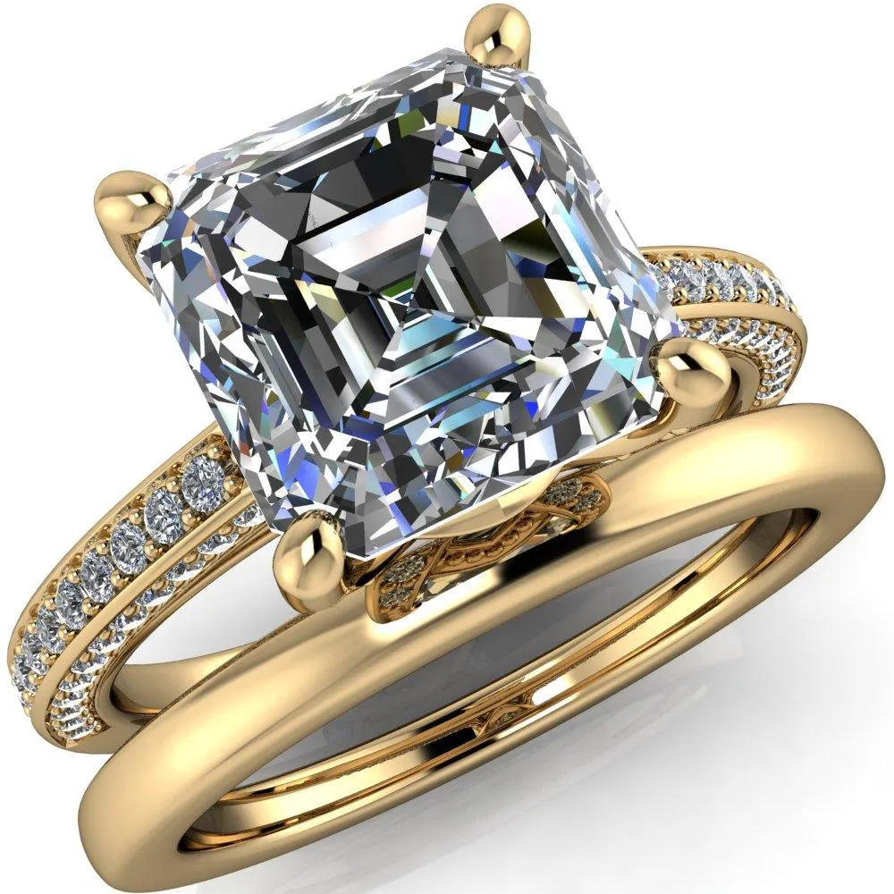 Harmon Asscher Moissanite 4 Prong Diamond Shank Engagement Ring