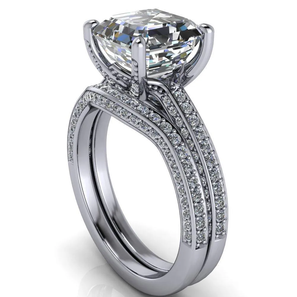 Harmon Asscher Moissanite 4 Prong Diamond Shank Engagement Ring