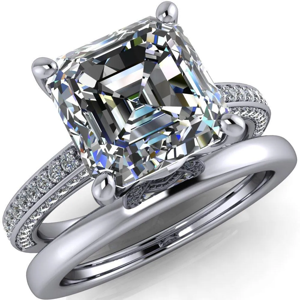 Harmon Asscher Moissanite 4 Prong Diamond Shank Engagement Ring