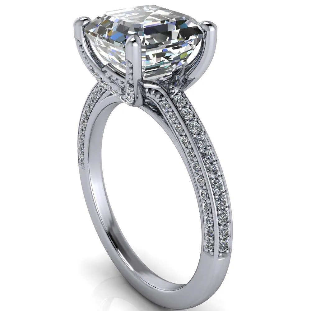 Harmon Asscher Moissanite 4 Prong Diamond Shank Engagement Ring