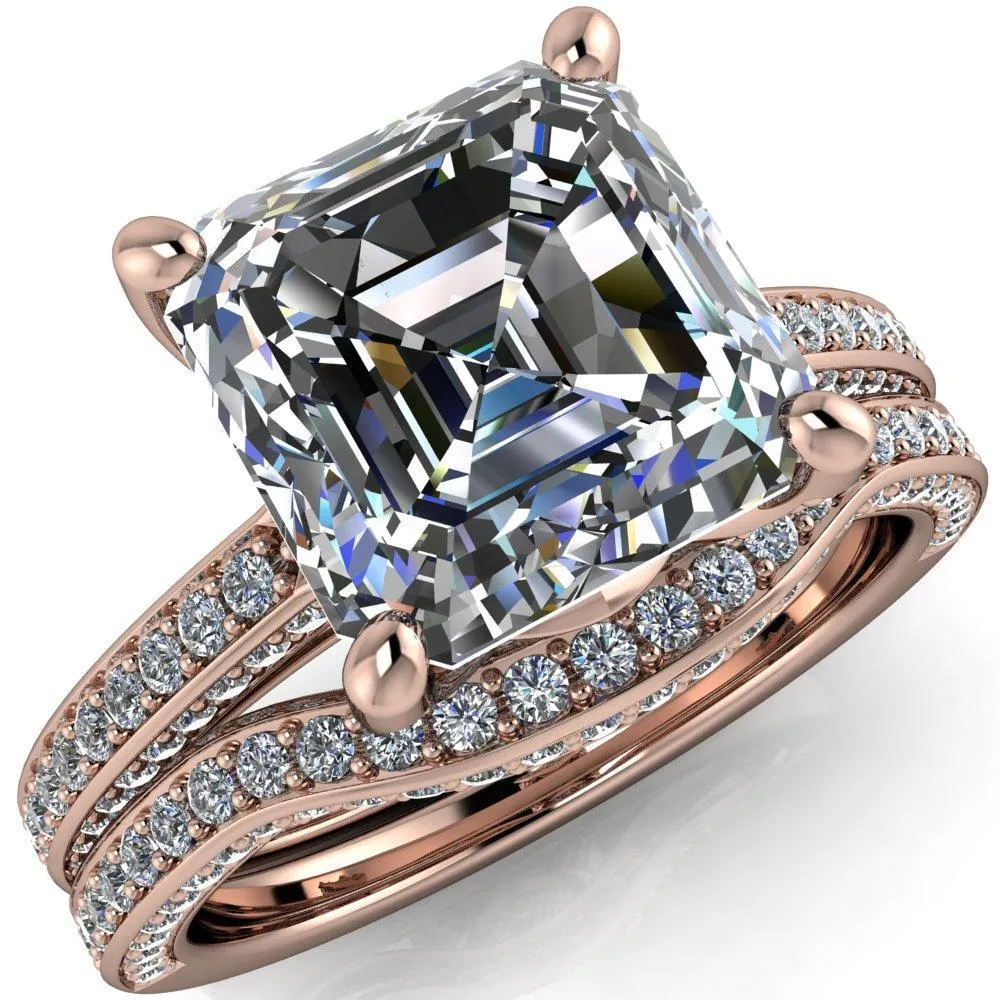 Harmon Asscher Moissanite 4 Prong Diamond Shank Engagement Ring